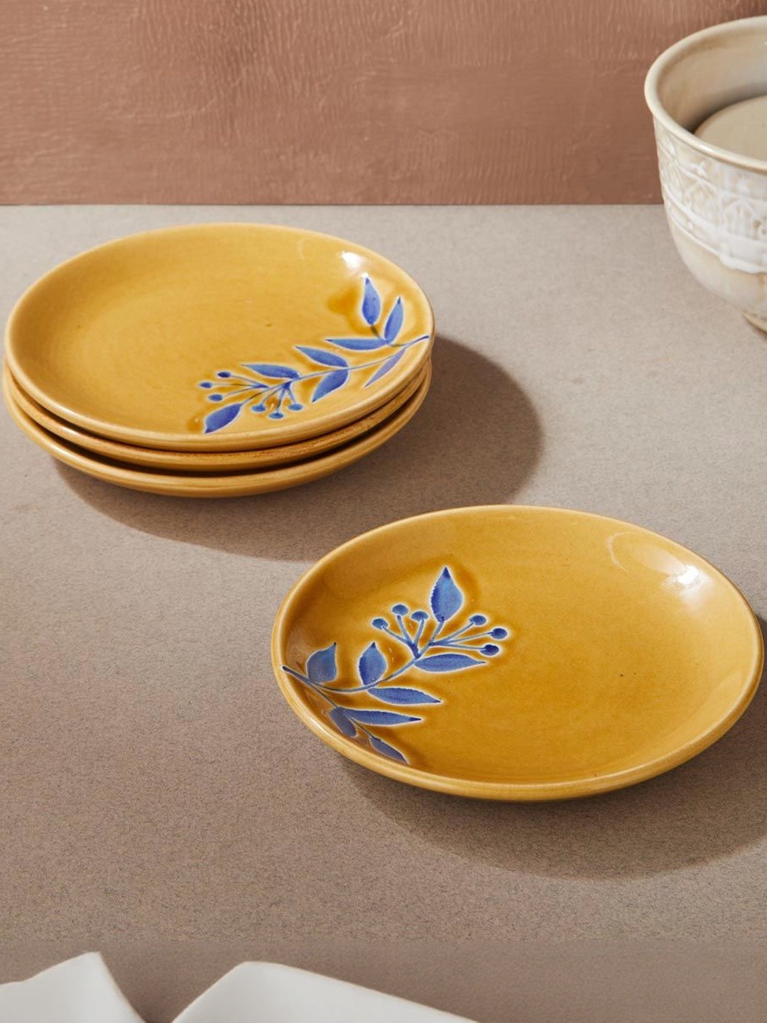 Fabindia Naintara Glazed Yellow & Blue 4 Pieces Printed Ceramic Plates