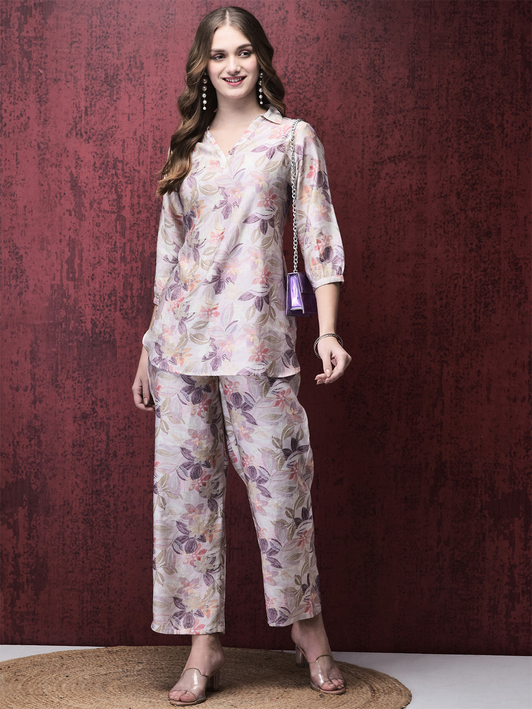 Shree Floral Printed Shirt Collar Khadi Silk Tunic With Trousers
