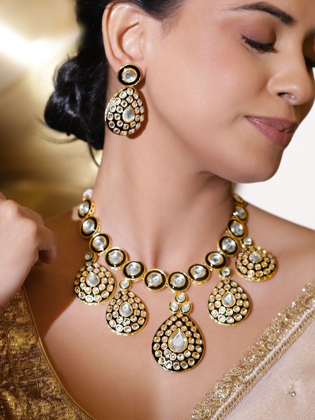 Rubans 24K Gold-Plated White Kundan Studded Necklace Set with Bold Black Enamel Border
