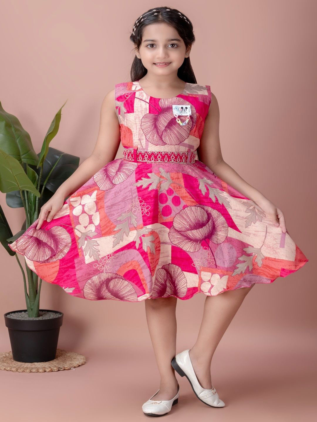 BARKAT DESIGNING PLANET Girls Floral Printed Sleeveless A-Line Dress With Belt