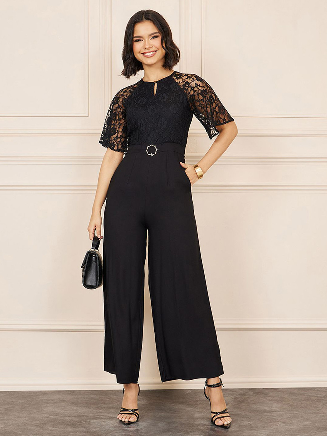 Miss Chase Self Design Round Neck Basic Jumpsuit