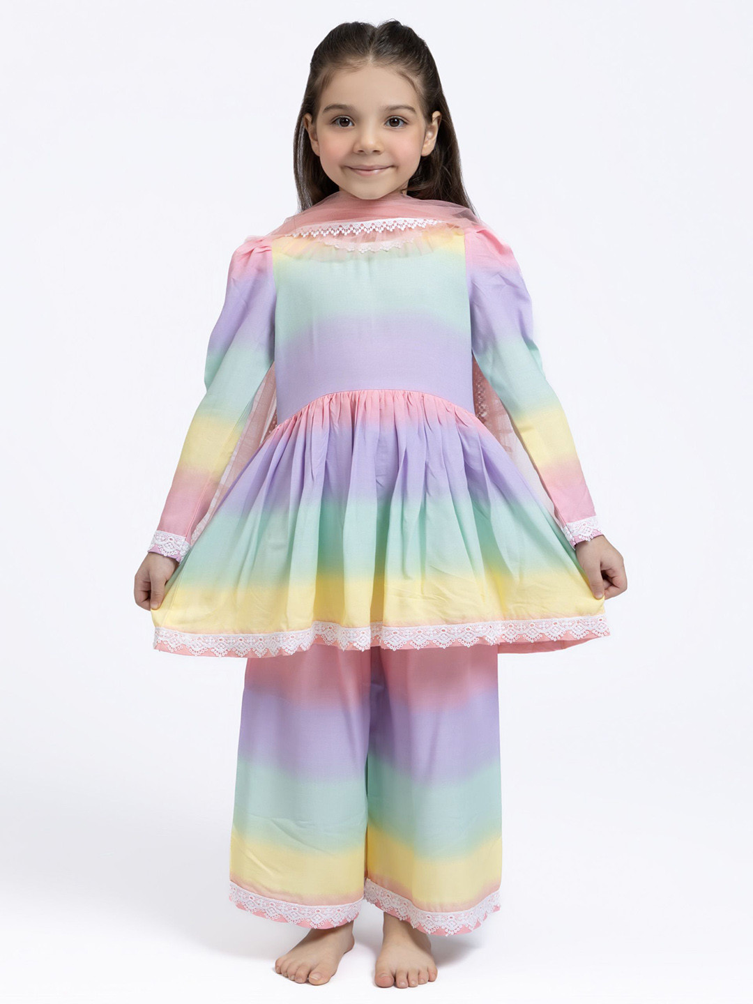 Sangria Girls Multi-Colored Dyed Round Neck Lace Insert Cotton Kurta Set