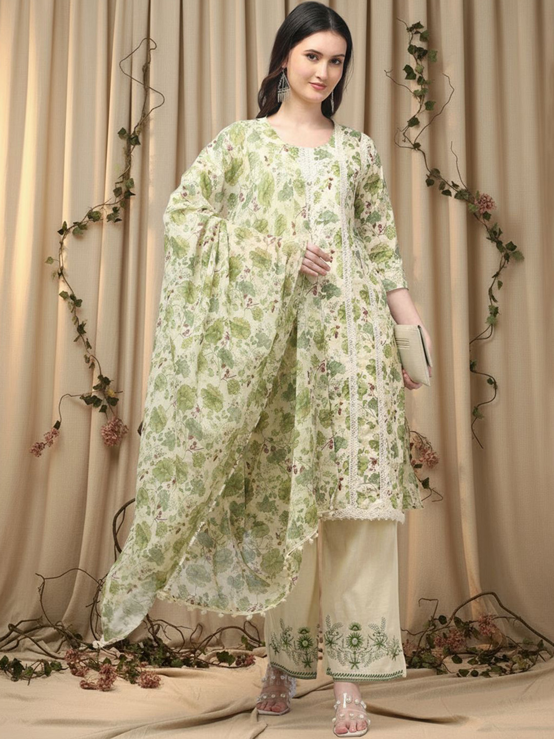 Aronita Women Floral Printed Pure Cotton Kurta with Palazzos & Dupatta