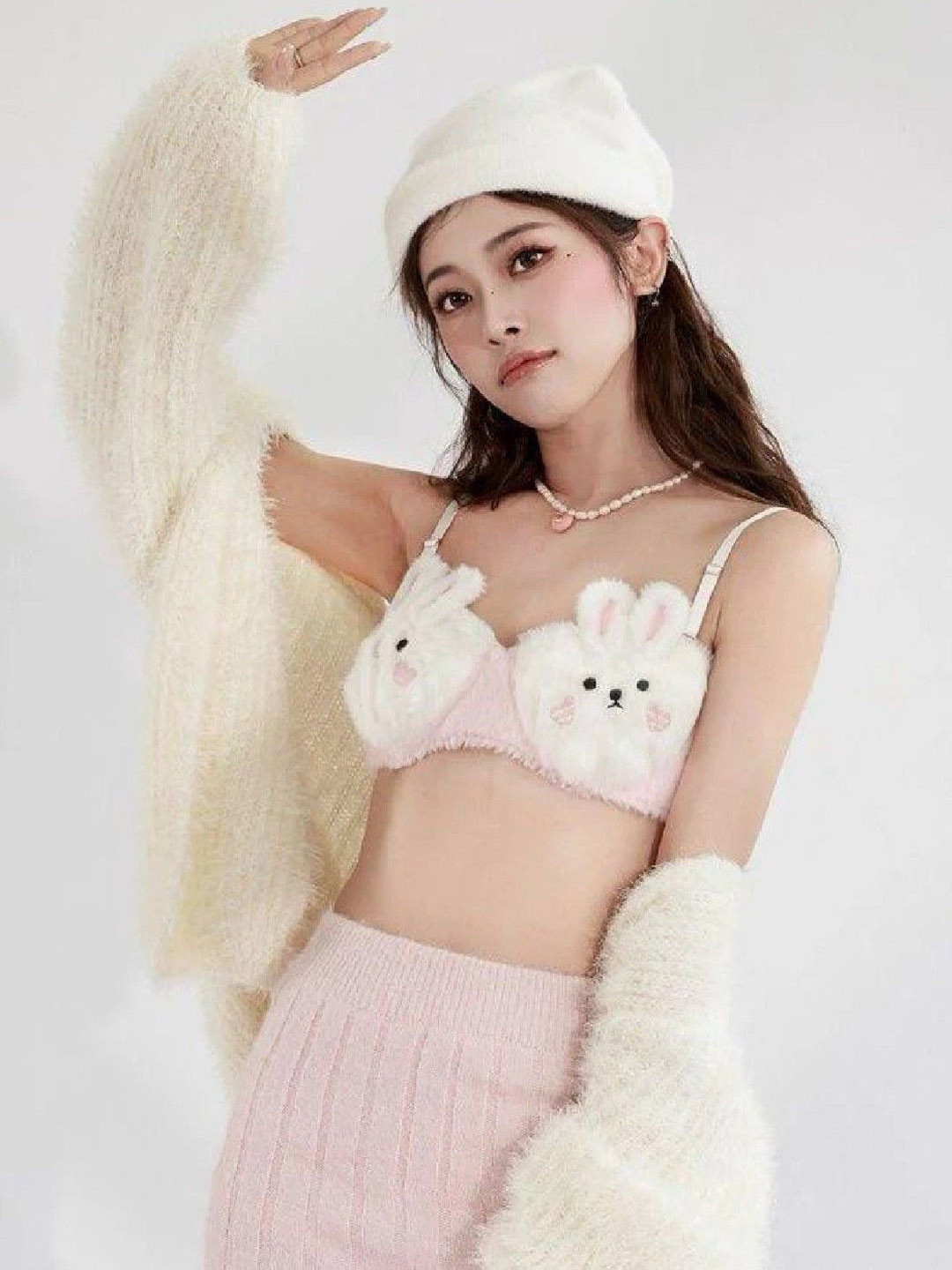 Poftik Women Low-Rise Lightly-Padded Soft Teddy Cat Bra & Panty Lingerie Set