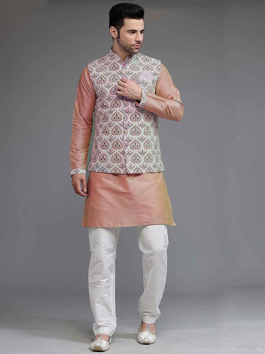 Utsav Fashion Men Digital Printed Cotton Silk Kurta Set in Peach