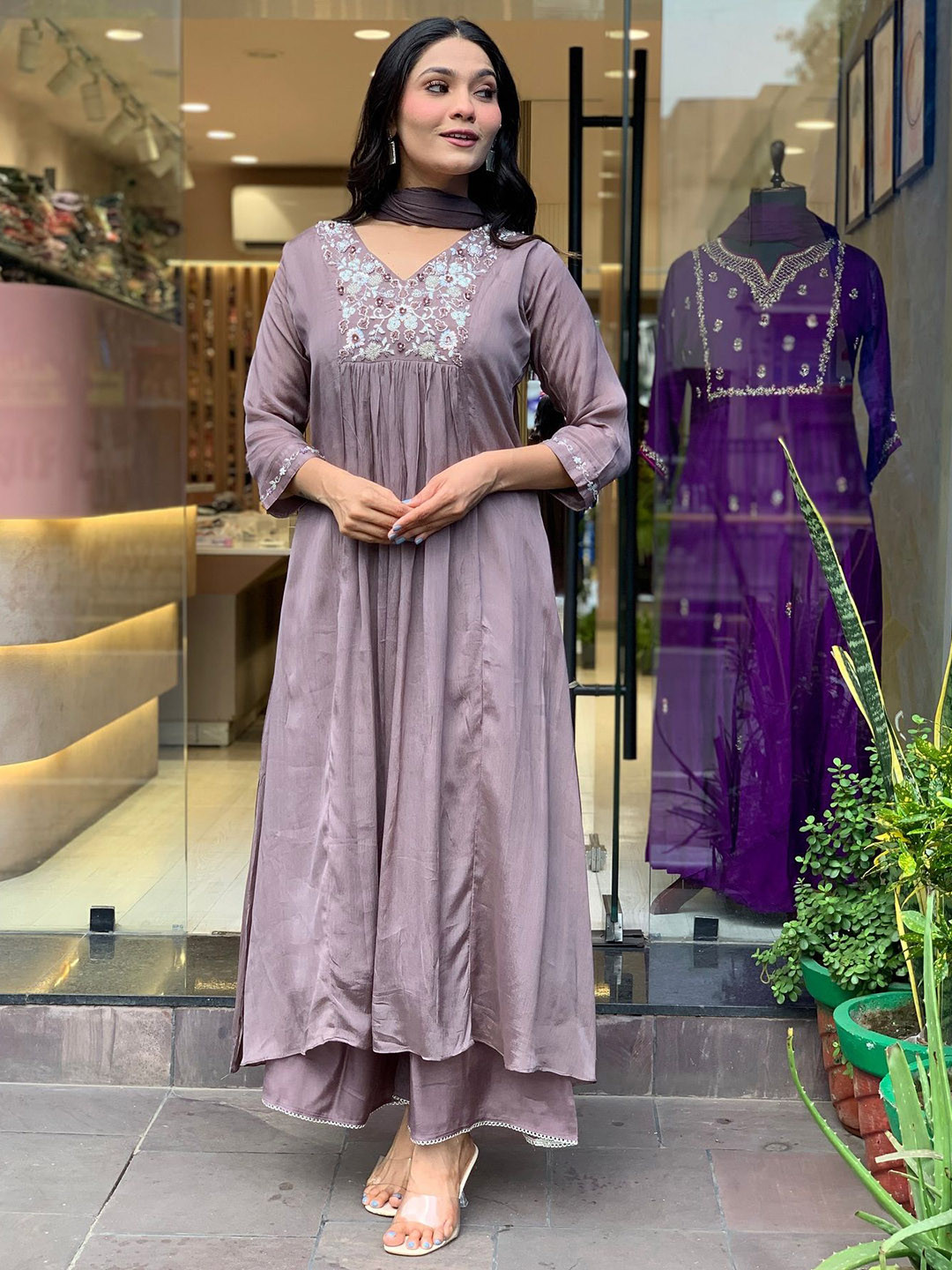 J.KANJI Women Floral Embroidered Empire Kurta With Palazzos & Dupatta