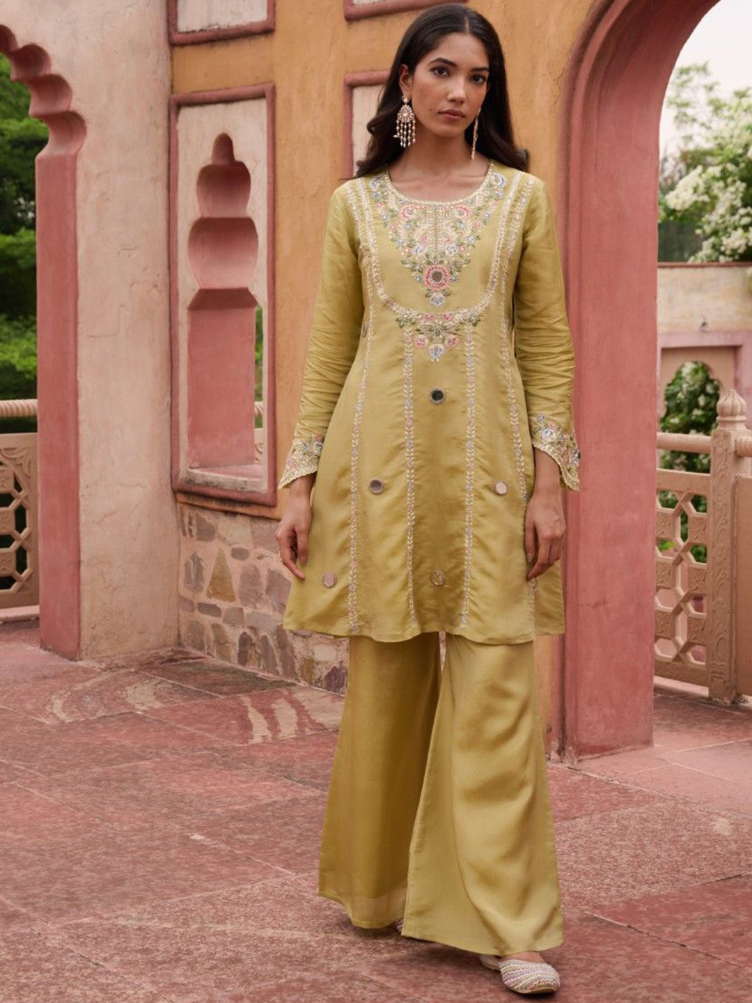 AUTUMN LANE Sangini Ocre Floral Embroidered Mirror Work A-Line Tissue Suit Set