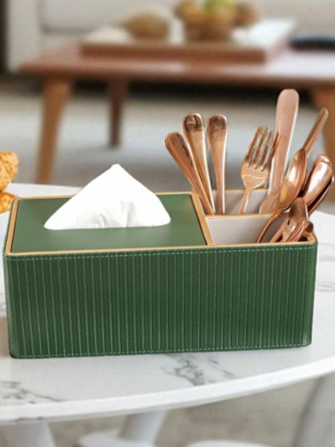 AARVI DECOR STUDIO Unisex Green Faux Leather Tissue Holder Storage Box