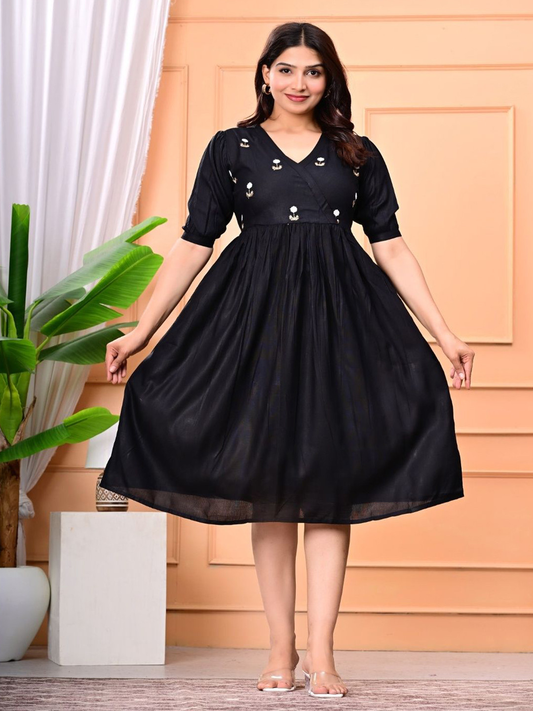GREAT SELLER Women Floral Embroidered Cotton Fit and Flare Midi Dress