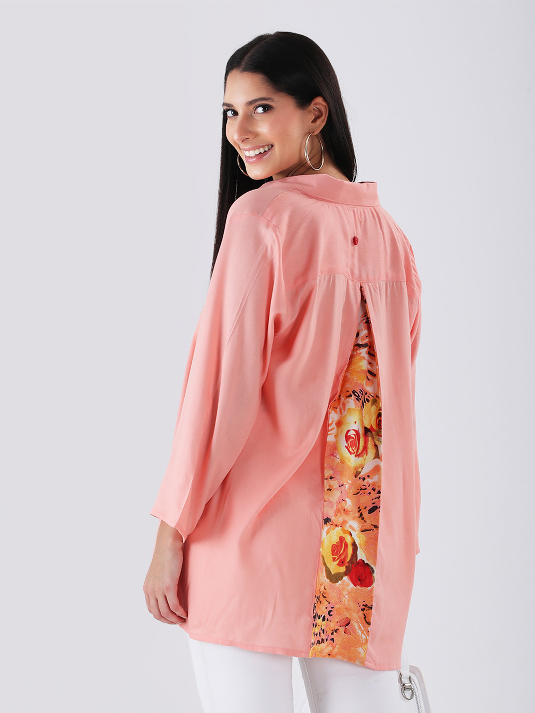 Qurvii Peach Colored Half Placket Printed Pleat back Shirt