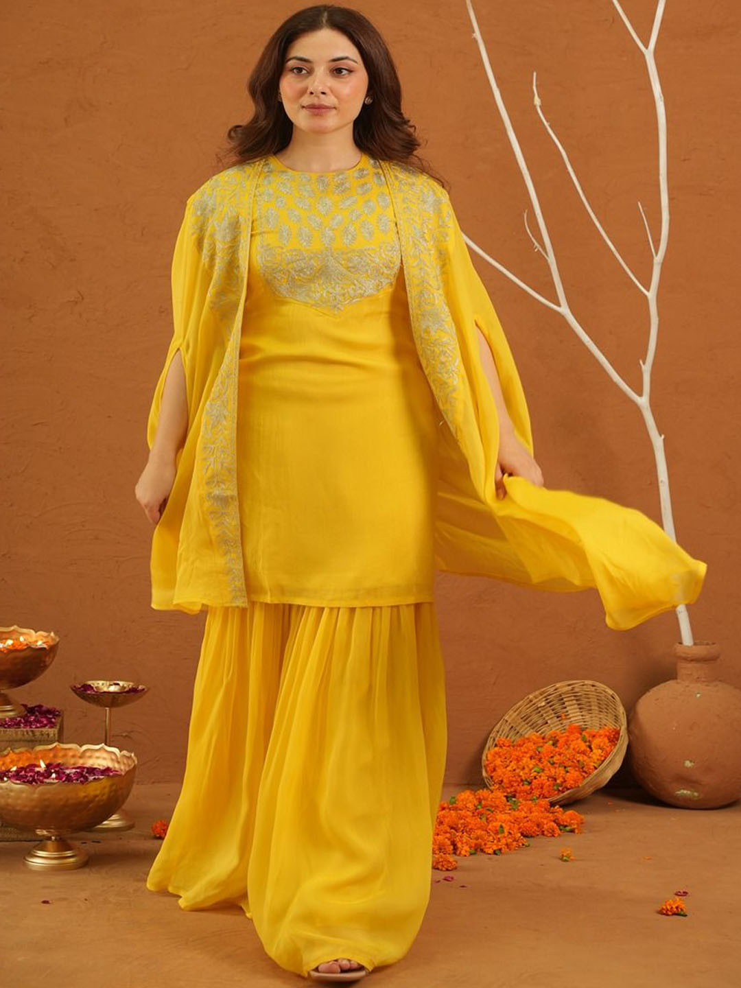 OneWe Parizet Women Ethnic Motifs Embroidered Pure Silk Zariwork Sharara Jacket Set