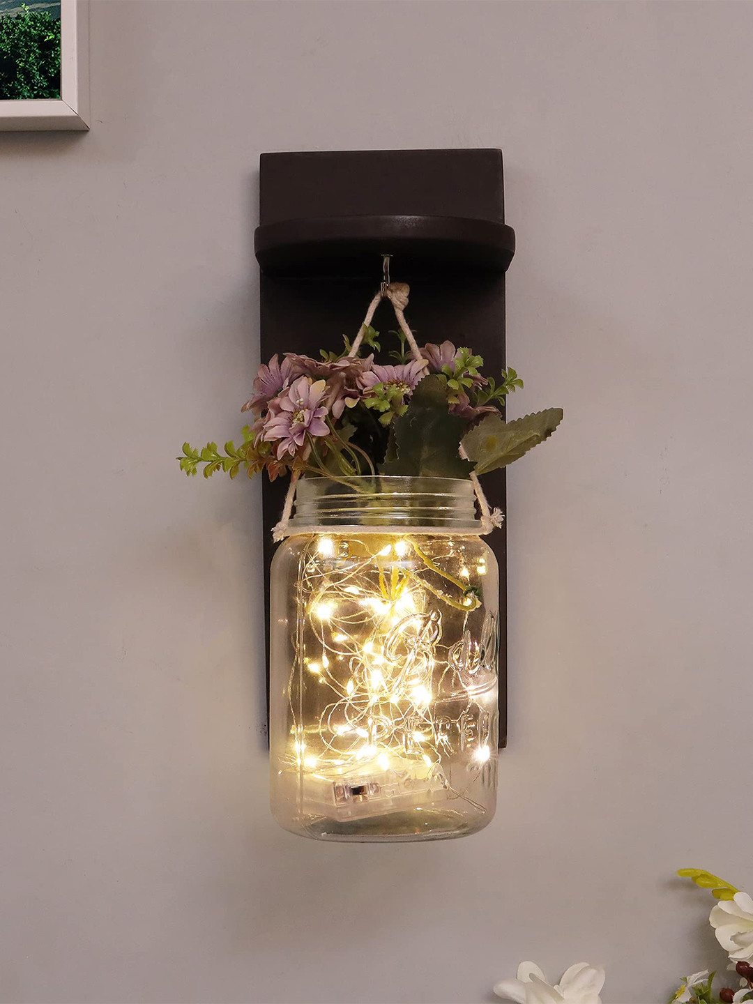 Homesake Black Metal & Glass Wall Lamp With String Lights