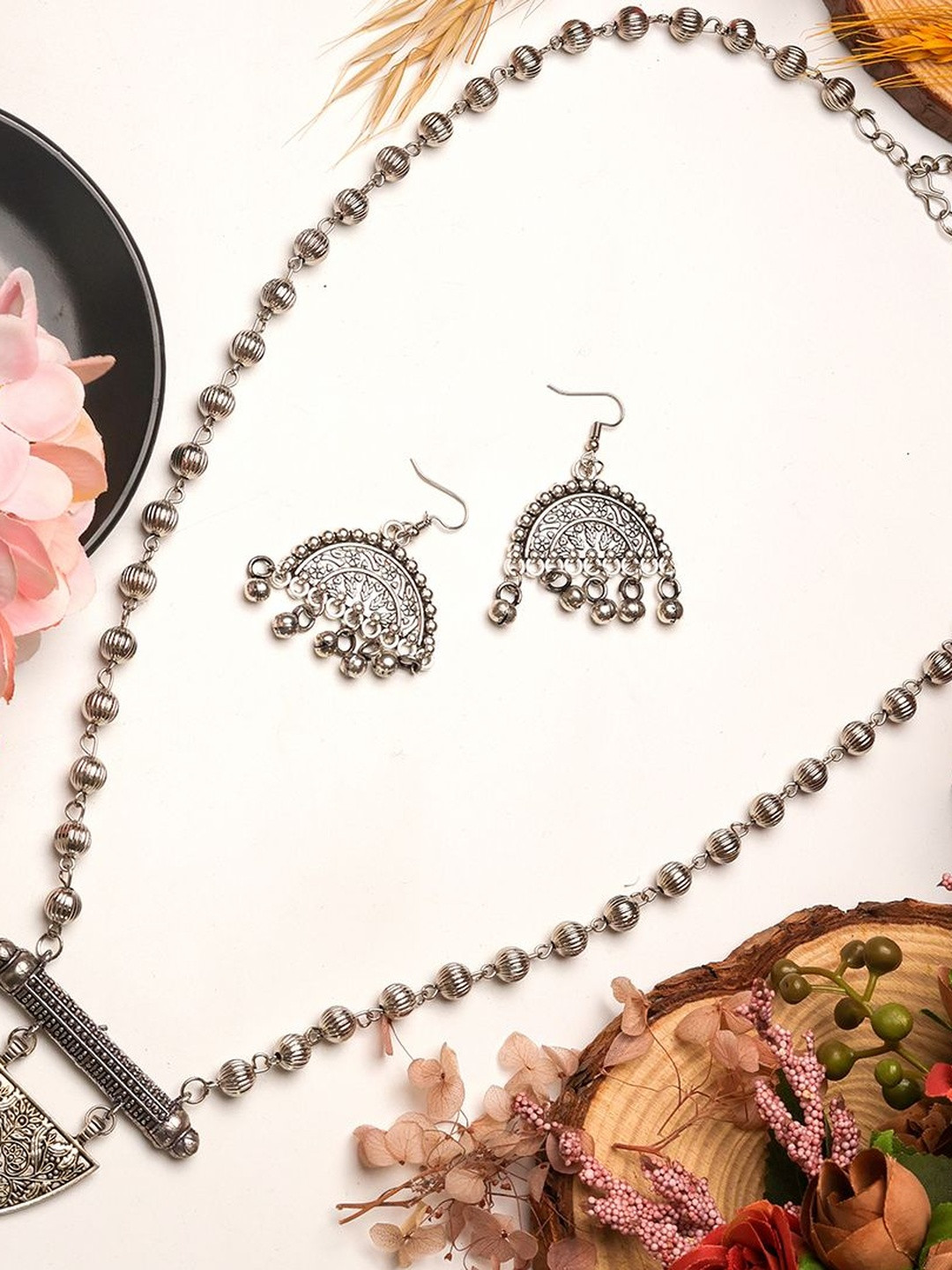 VEDAJ Women Silver Plated Oxidized Necklace & Earrings Set