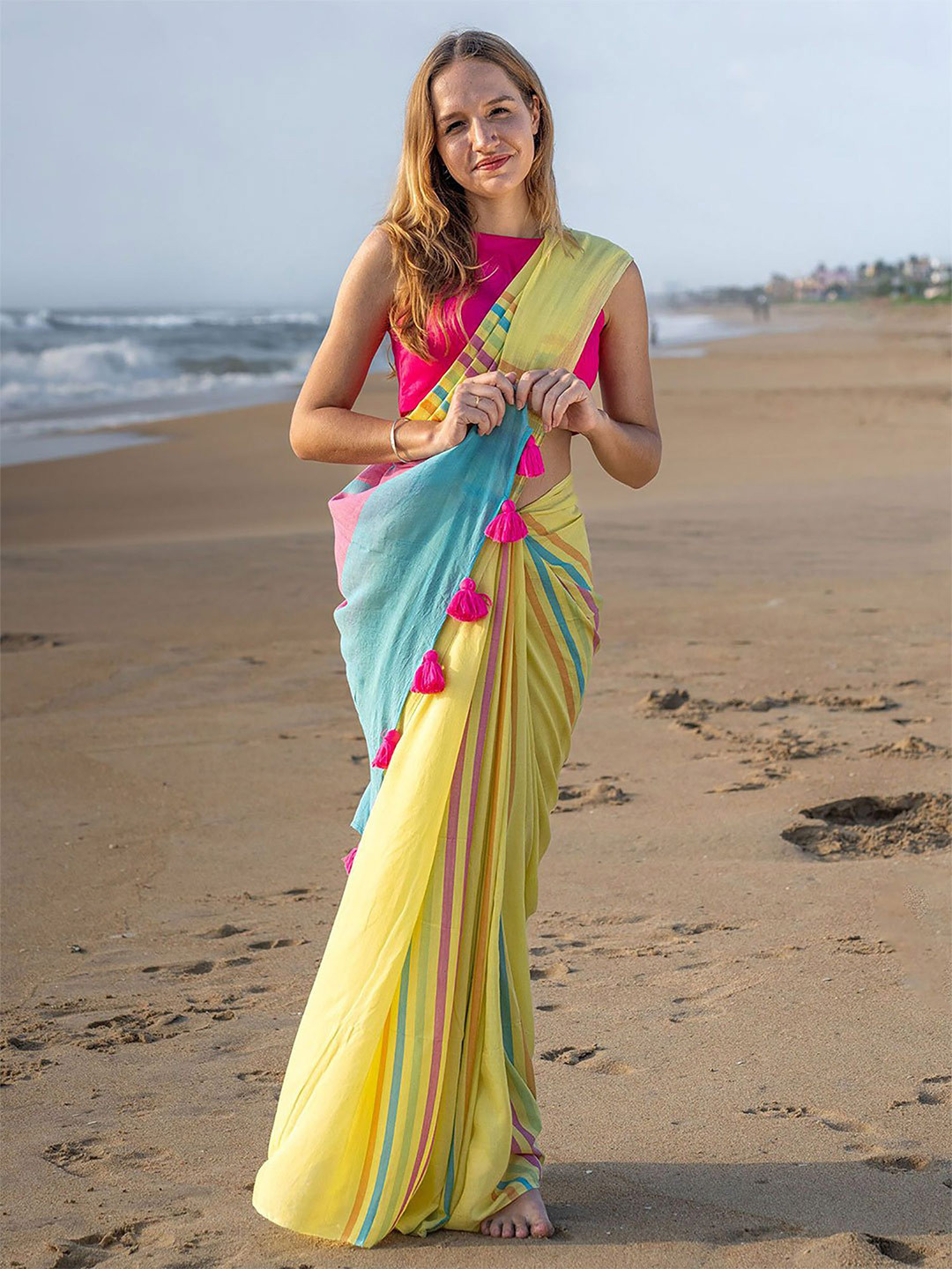 Mitera Striped Block Print Saree