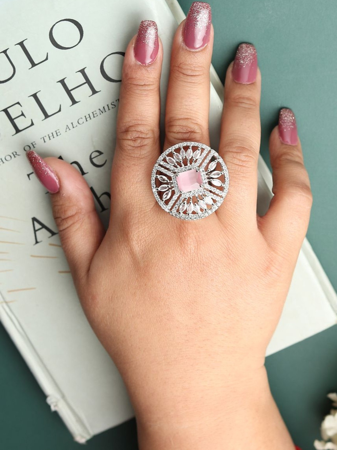DIVASTRI Women Rhodium-Plated White & Pink CZ Studded American Diamond Adjustable Ring