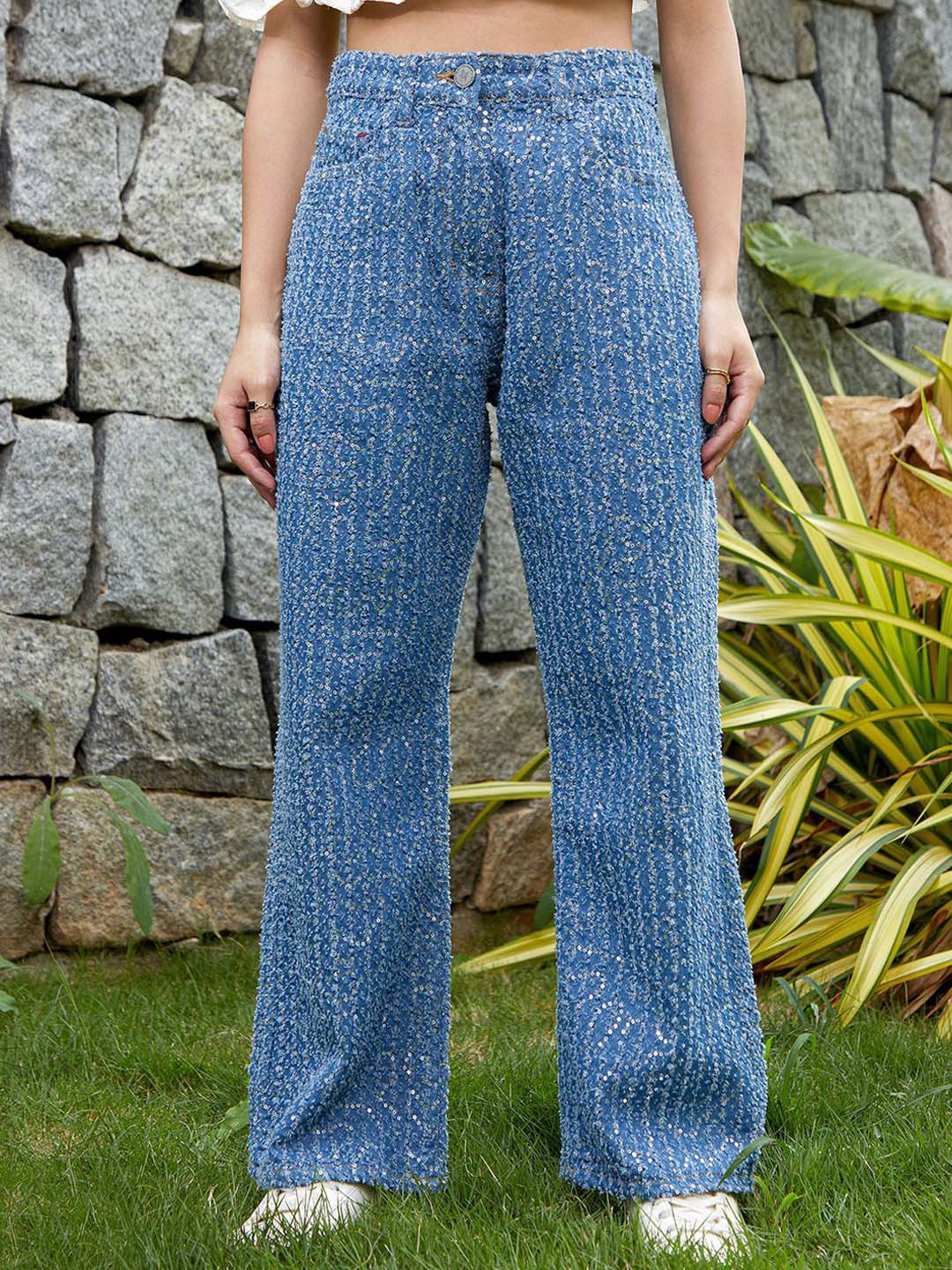 Campus Sutra Women Indigo Blue Embellished Scratch Straight Fit Denim Jeans