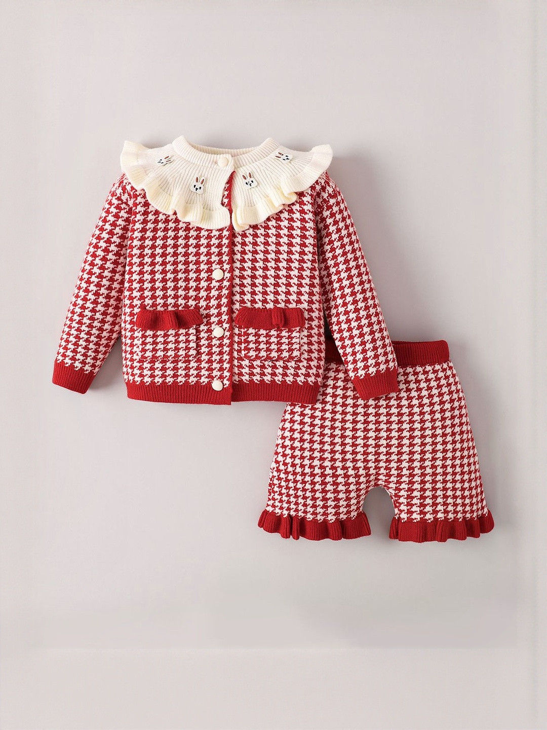 Hopscotch Girls Red & White Printed Peter Pan Collar Clothing Set