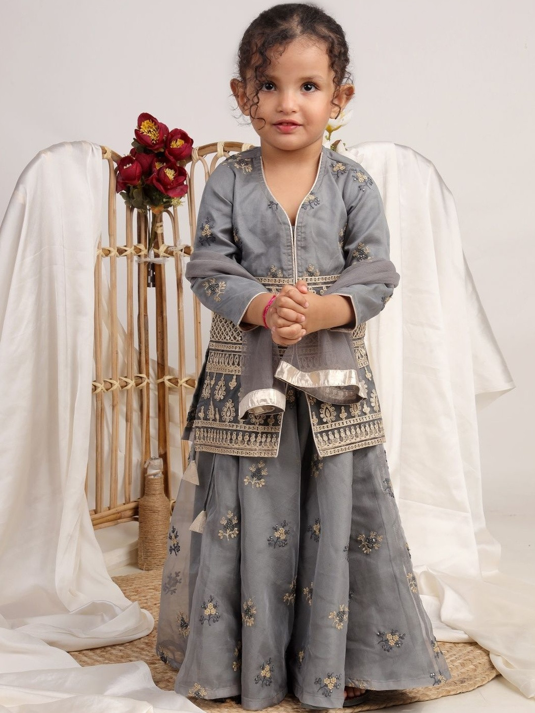 Sangria Girls Grey & Gold Embroidery Organza Net Ethnic Lehenga Choli