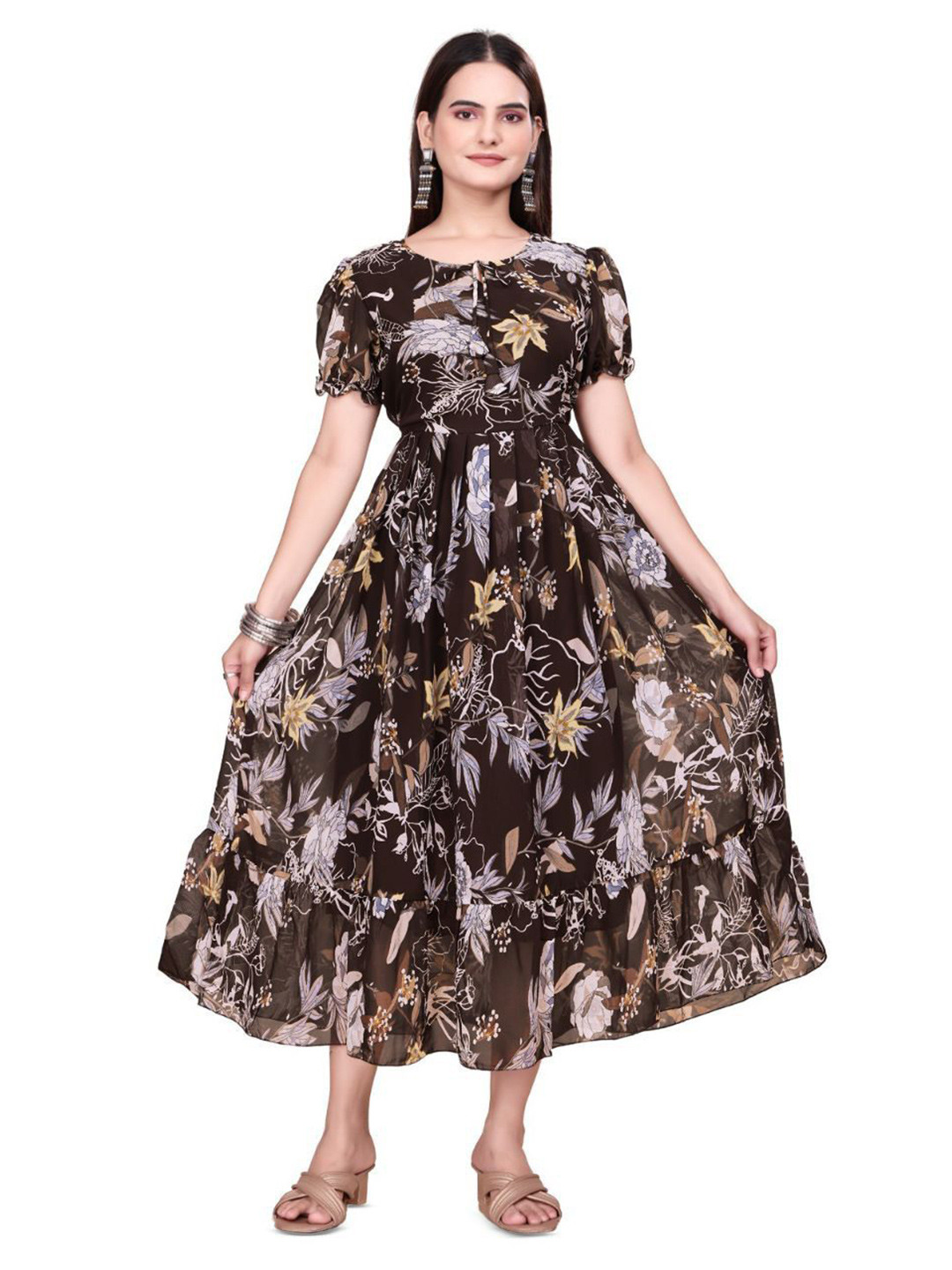 BAESD Floral Print Round Sleeve Puff Sleeve Fit and Flare Midi Dress
