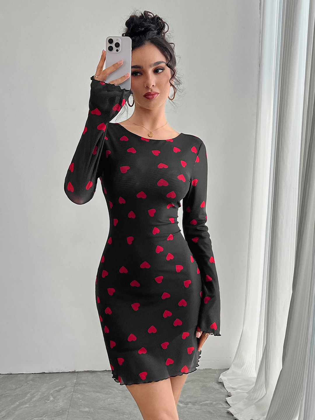 StyleCast Women Heart Print Flared Sleeve Bodycon Mini Dress