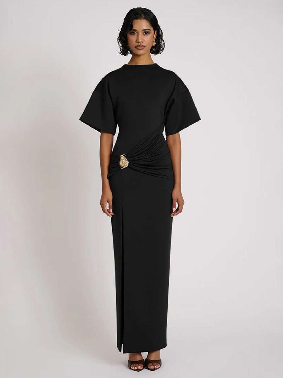 LULU & SKY Embellishment Batwing Sleeves Gathered or pleated Slits Sheath Maxi Dress