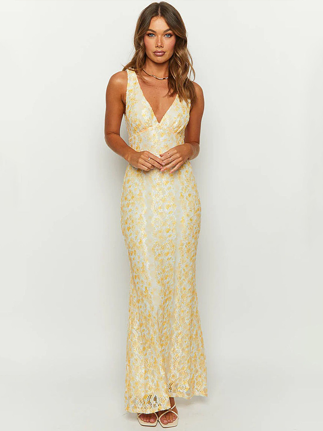 LULU & SKY Women Floral Lace Plunge Neck Backless Maxi Dress