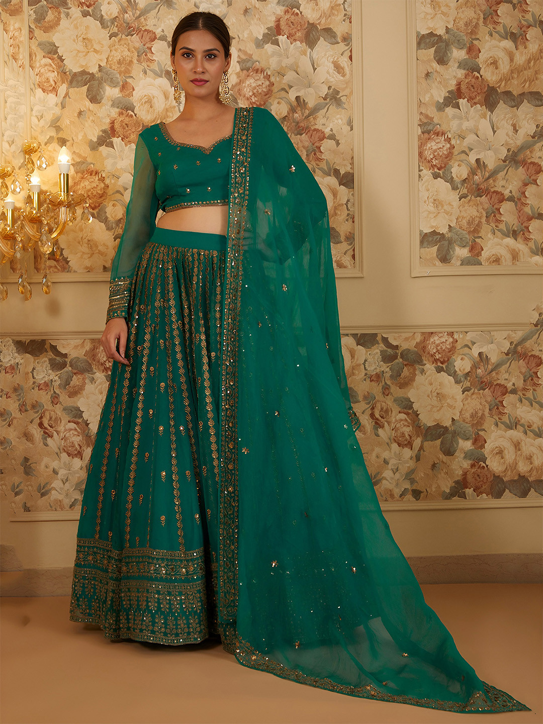 FABPIXEL Embroidered Sequinned Semi-Stitched Organza Lehenga & Blouse With Dupatta