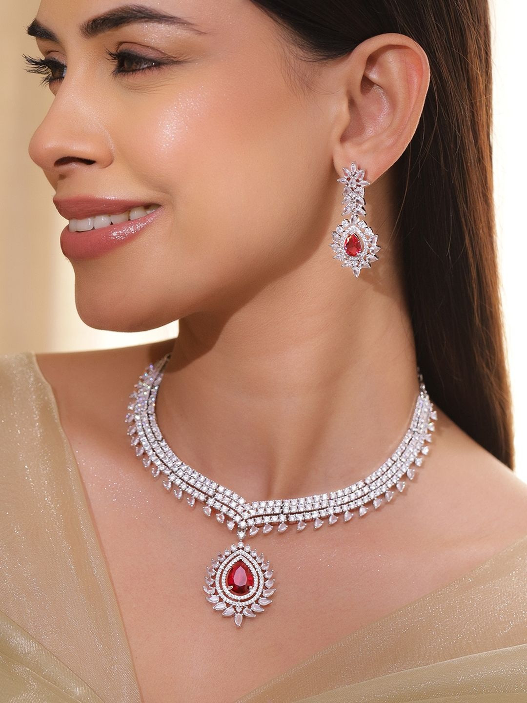 Rubans Rhodium-Plated Ruby Red Stone & Cubic Zirconia Luxe Designer Statement Necklace Set