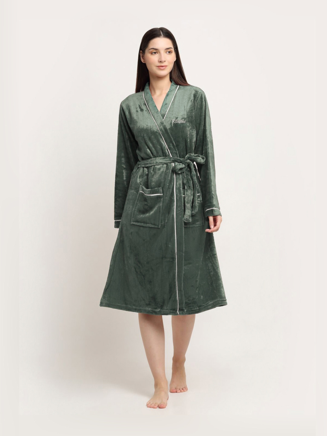 KLOTTHE Green Solid Wool Tie-Ups Midi Bath Robe-S