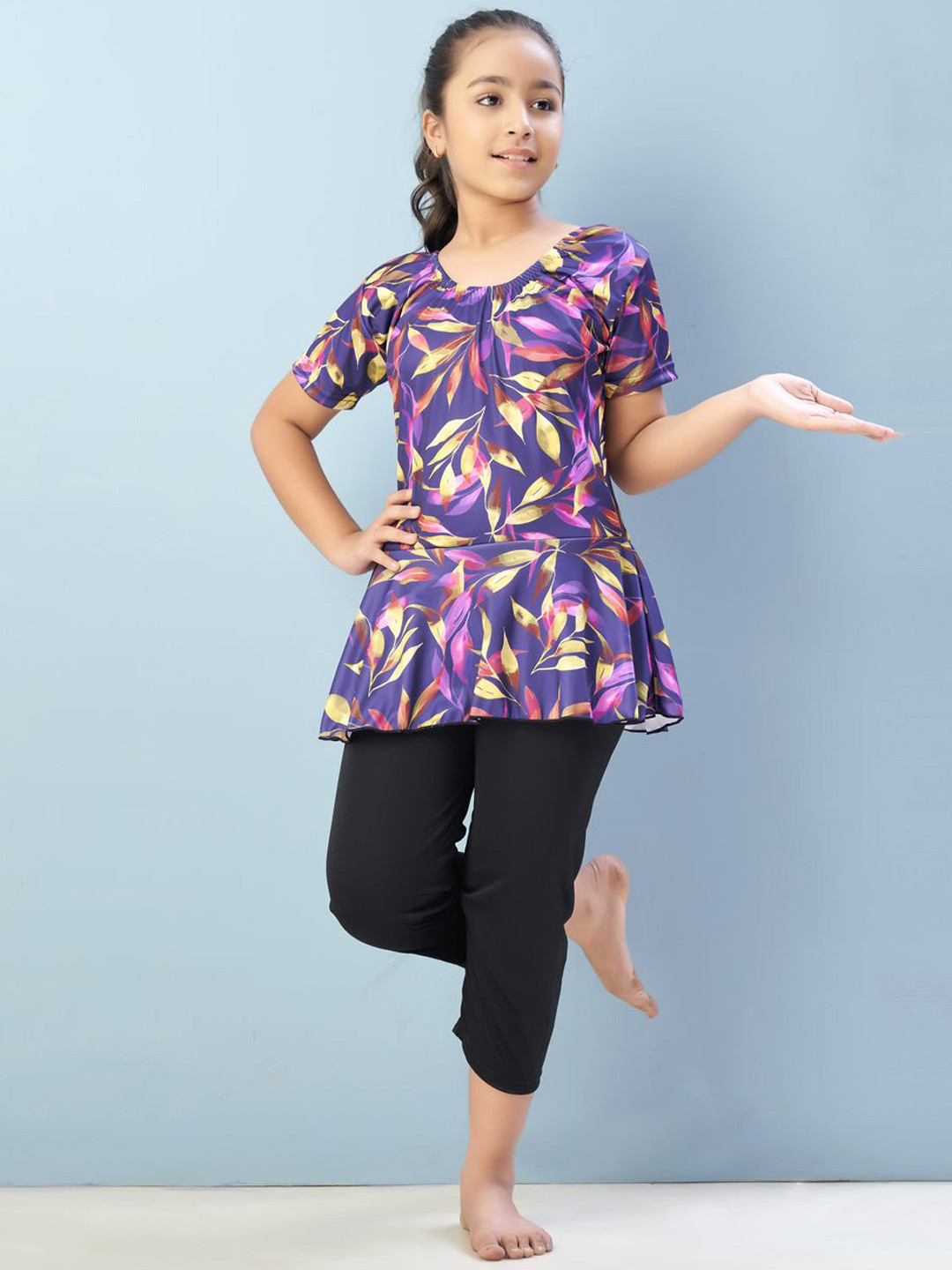 BAESD Girls Floral Printed Round Neck Swimming Dress With Attached Tights