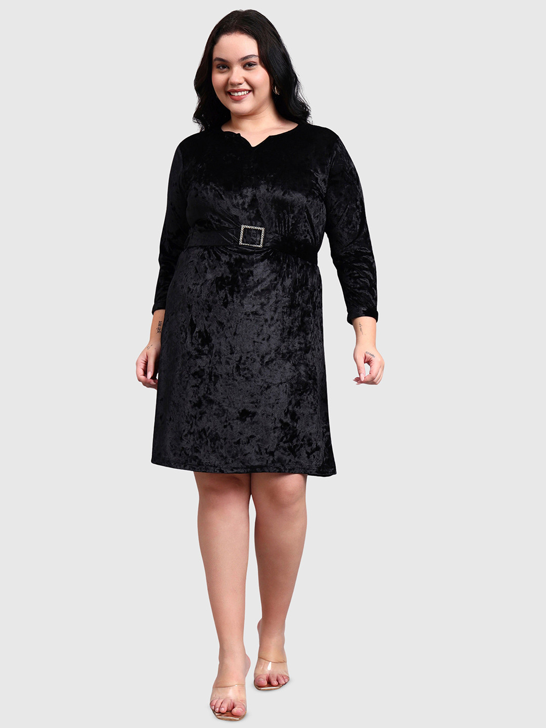 Sztori Women Self Design Belted Plus Size Velvet Fit & Flare Dress