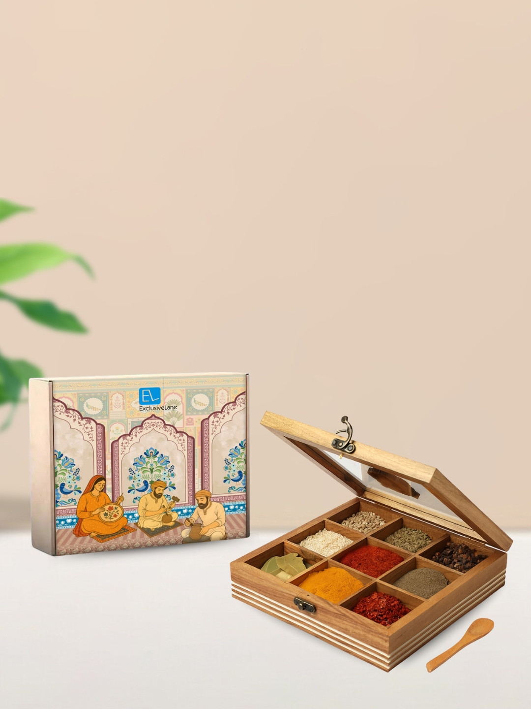 ExclusiveLane Brown Mystic Owl Hand-Engraved Teak Wood Spice Box With Spoon