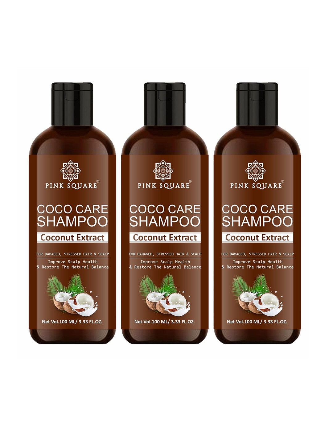 Pink Square Set Of 3 Coco Care Shampoo With Coconut Extract - 100 ml Each