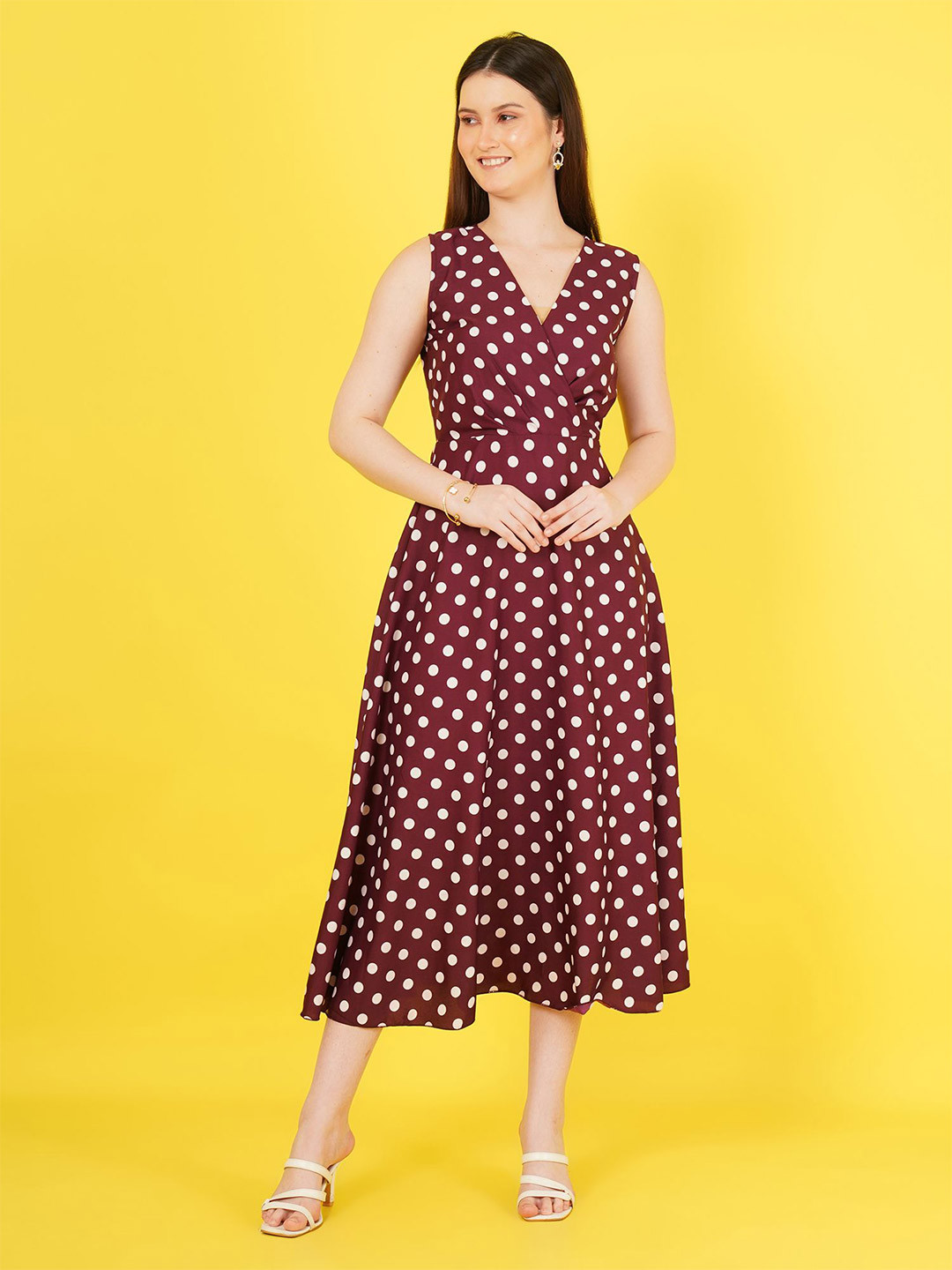 Curvydrobe Polka Dot Printed V-Neck Crepe Wrap Midi Dress