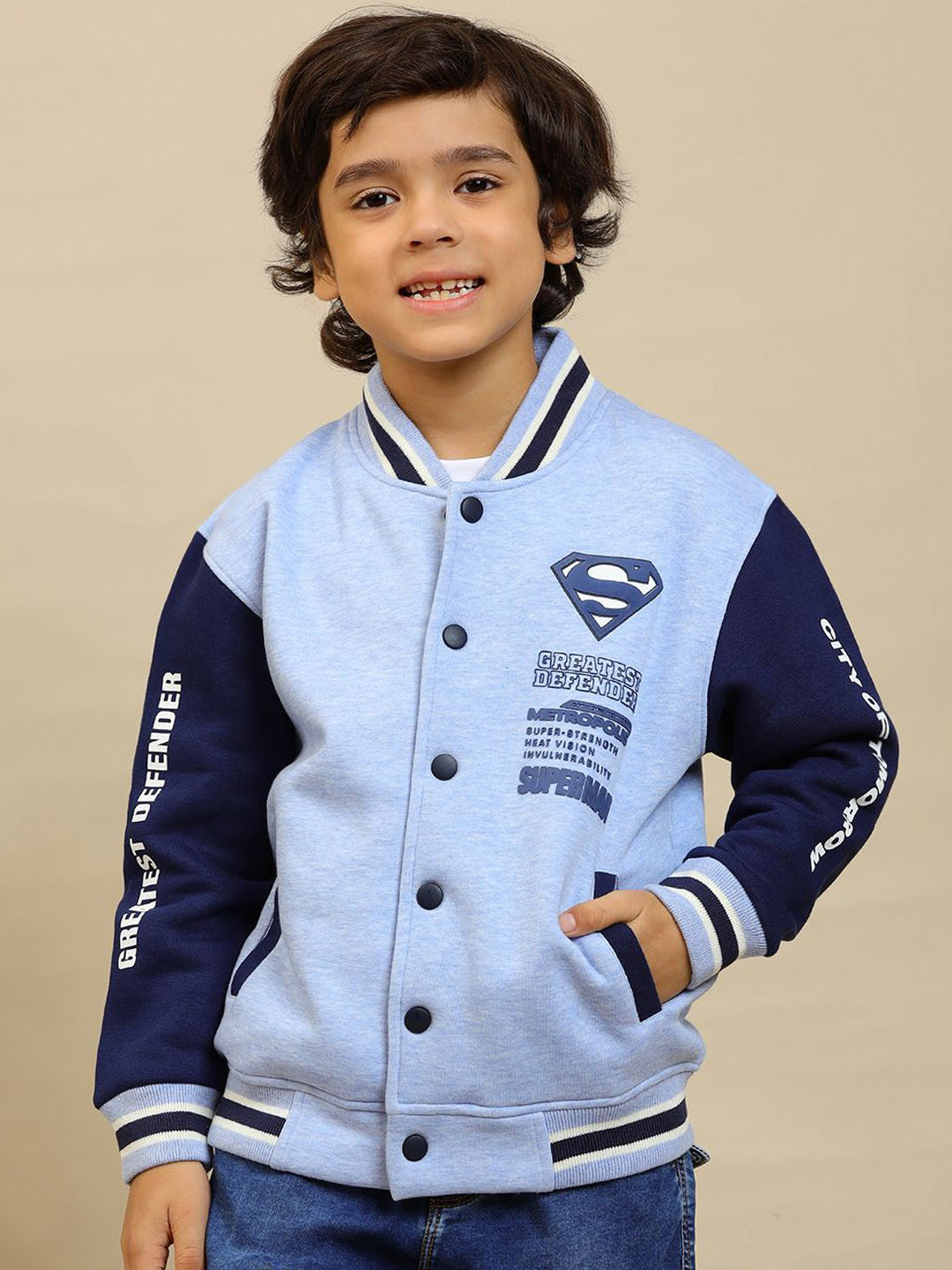 Kids Ville Boys Superman Collar Graphic Printed Varsity Jacket