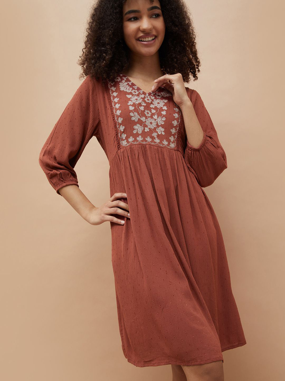 Fame Forever by Lifestyle Floral Embroidered Puff Sleeves Smocked Above Knee A-Line Dress
