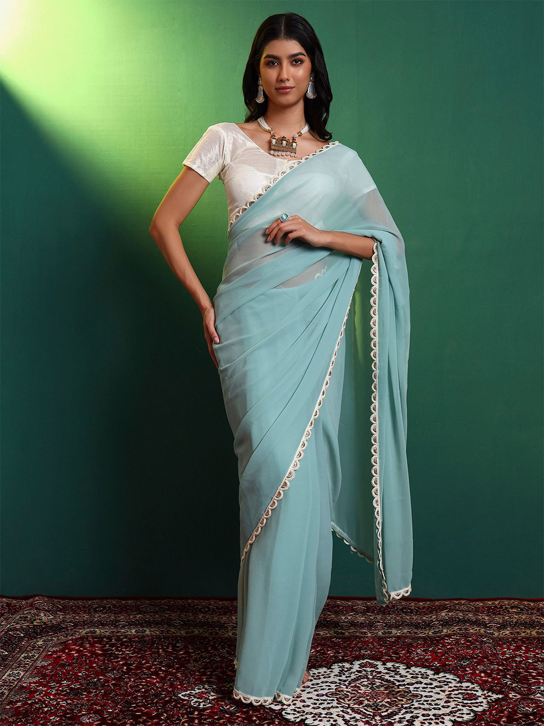 Salvia Sky Pure Georgette Beads and Stones Saree