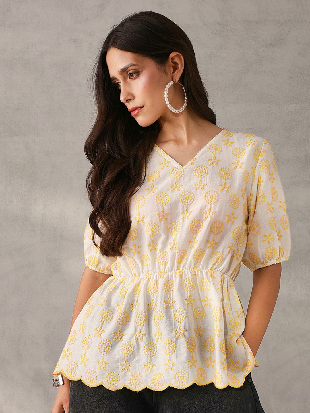 Ishin Embroidered Cotton Peplum Top