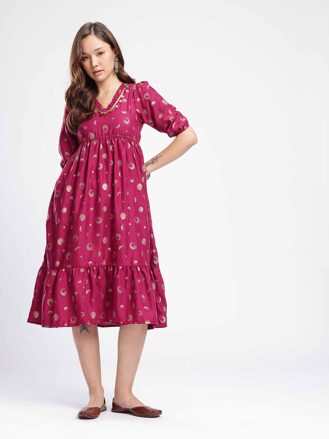 fusion by glitchez Polka Dotted Embellished Tiered A-Line Dress