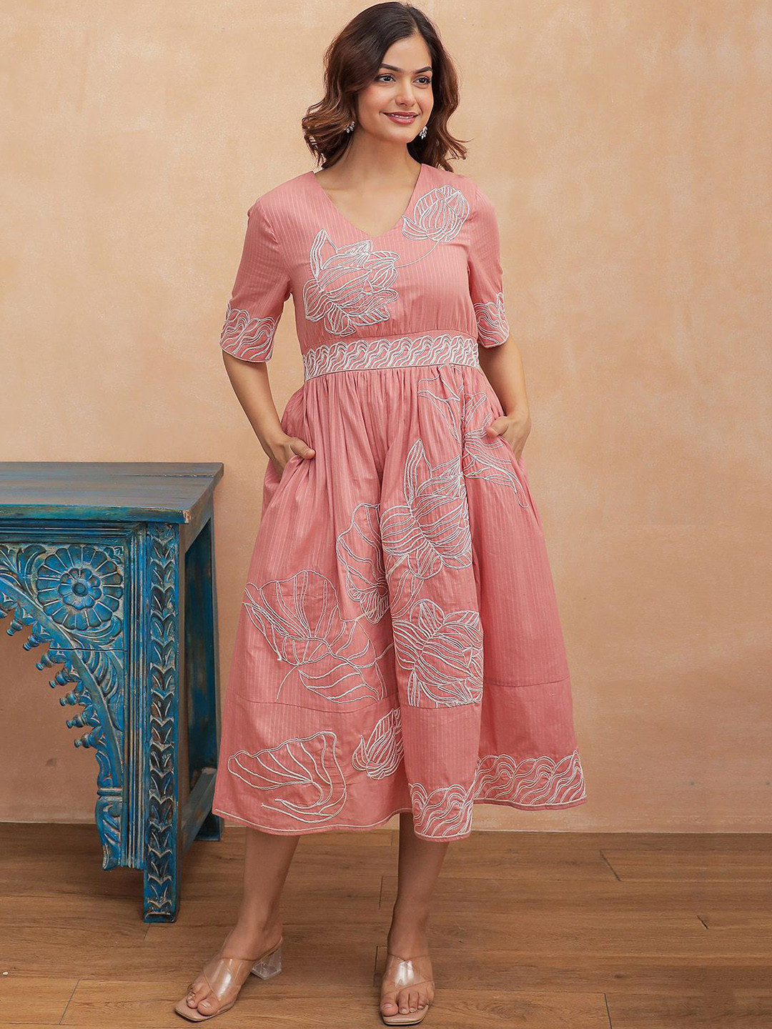 Aadews Flipa Women Embroidered Cotton V-Neck Midi Ethnic Dress