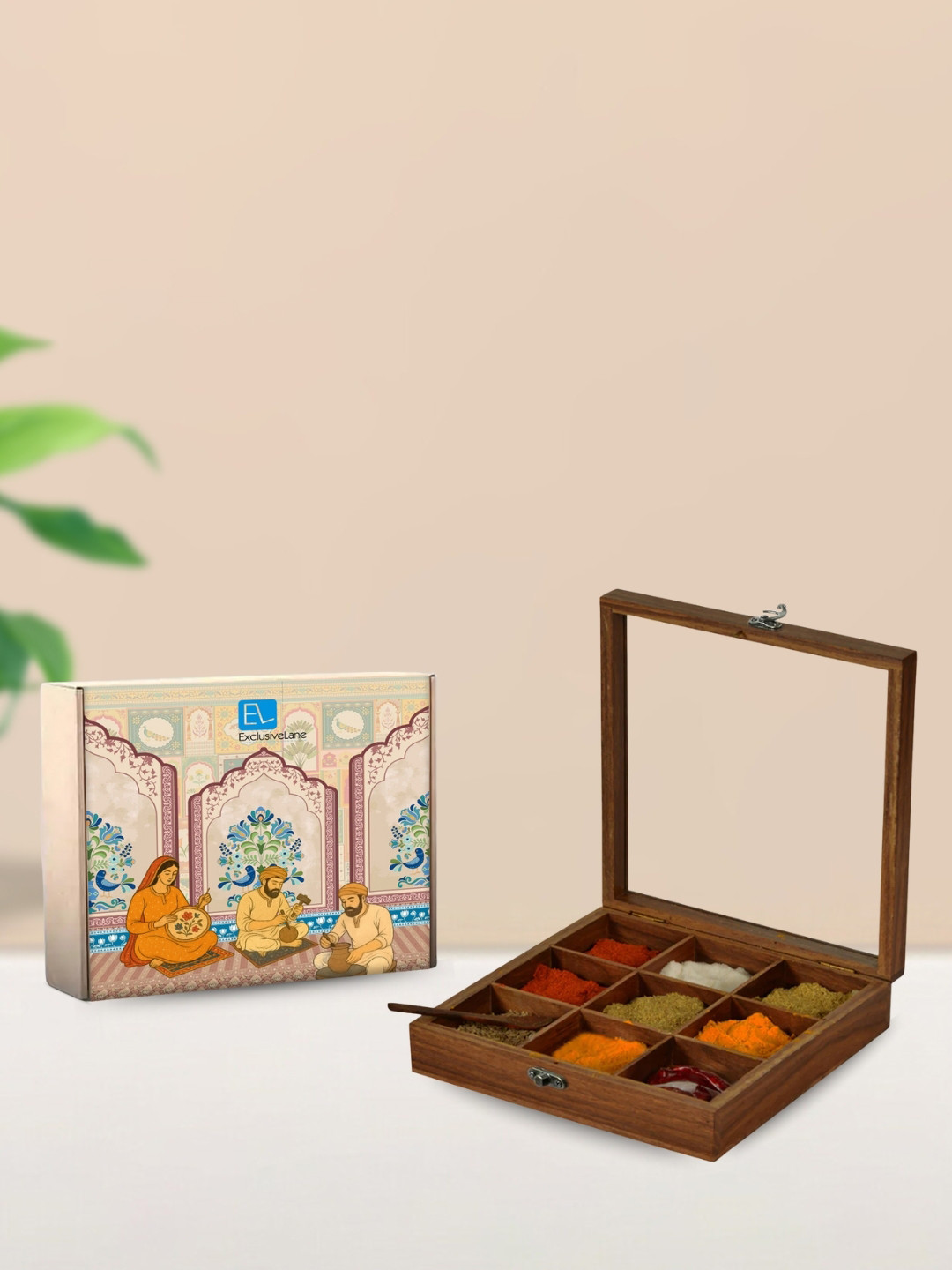 ExclusiveLane Brown Handcrafted Sheesham Wooden Spice Box With Spoon
