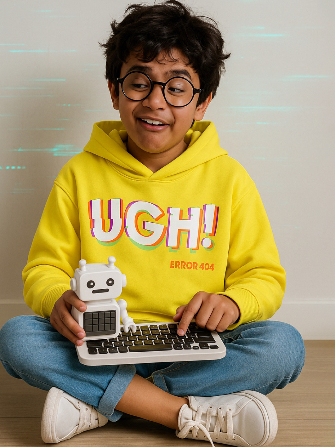 TALES & STORIES Boys Yellow Typography Printed Long Sleeves Hooded Pullover Cotton Sweatshirt
