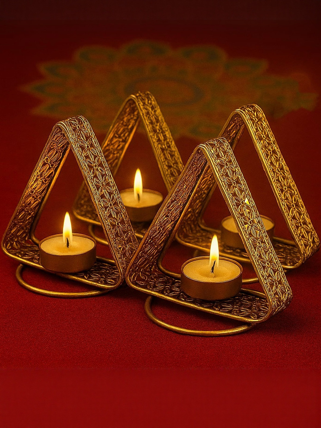 Go Hooked Set of 4 Triangular Metal Tealight Candle Holder Stand