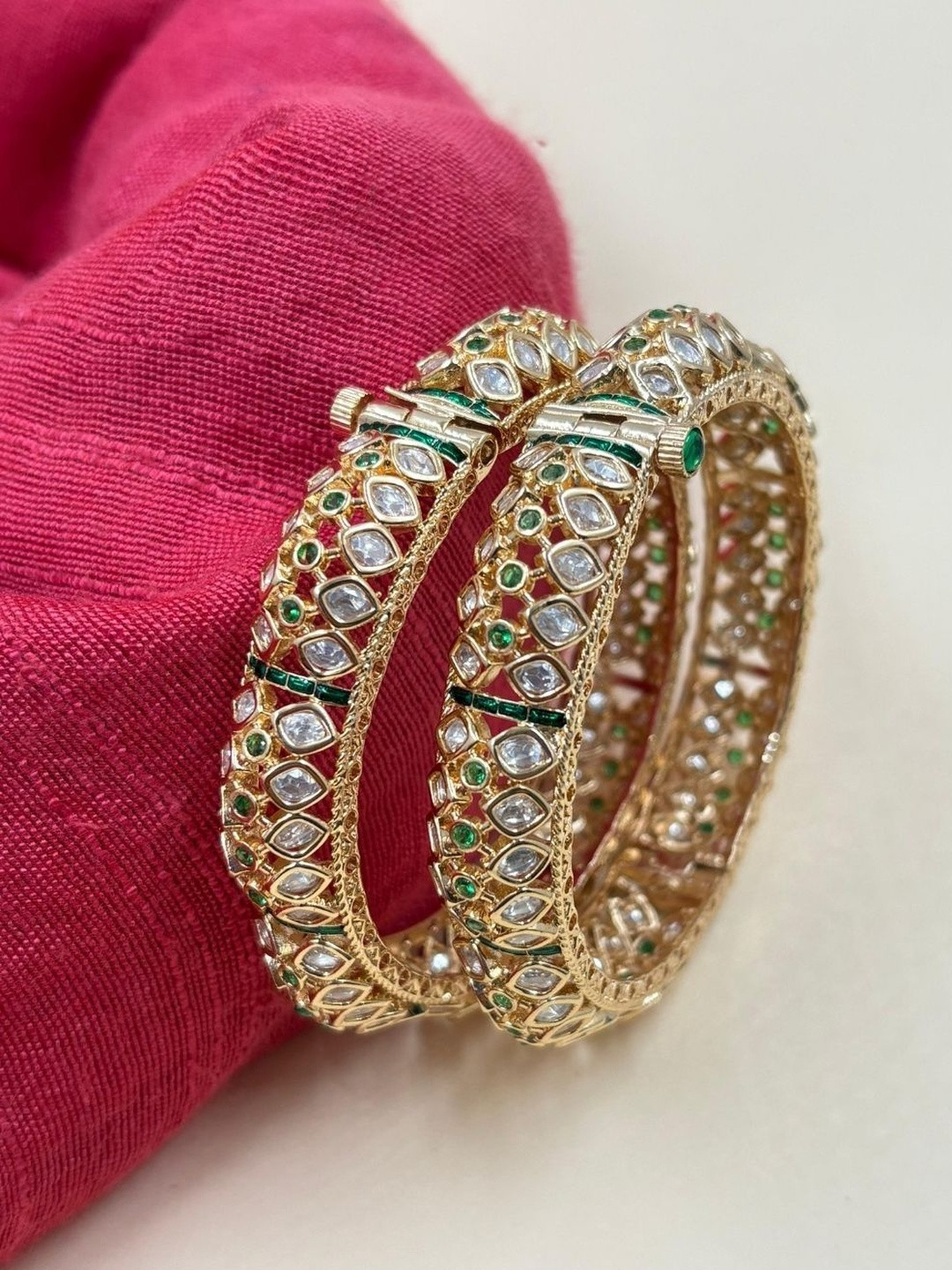 Gehna By  Beadazzled Gold-Plated Rukmani Green Designer  Kundan Studded Gajra Bangles