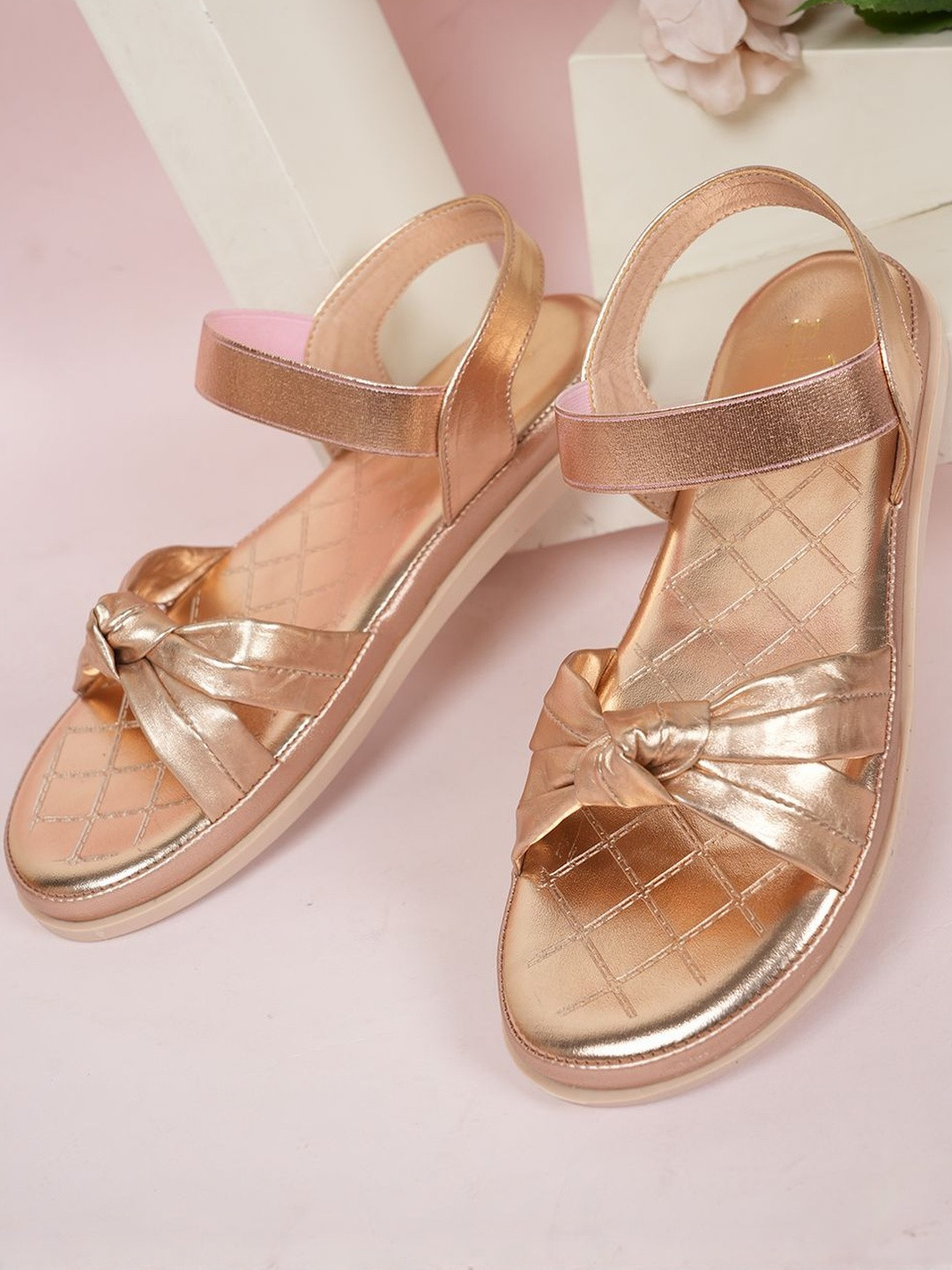 Dollphin Women Rose Gold Textured Open Toe Flats with Laser Cuts