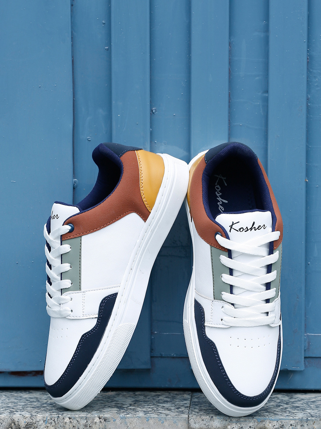 Kosher Men White & Tan Colourblocked Round Toe Lace-Up Synthetic Sneakers