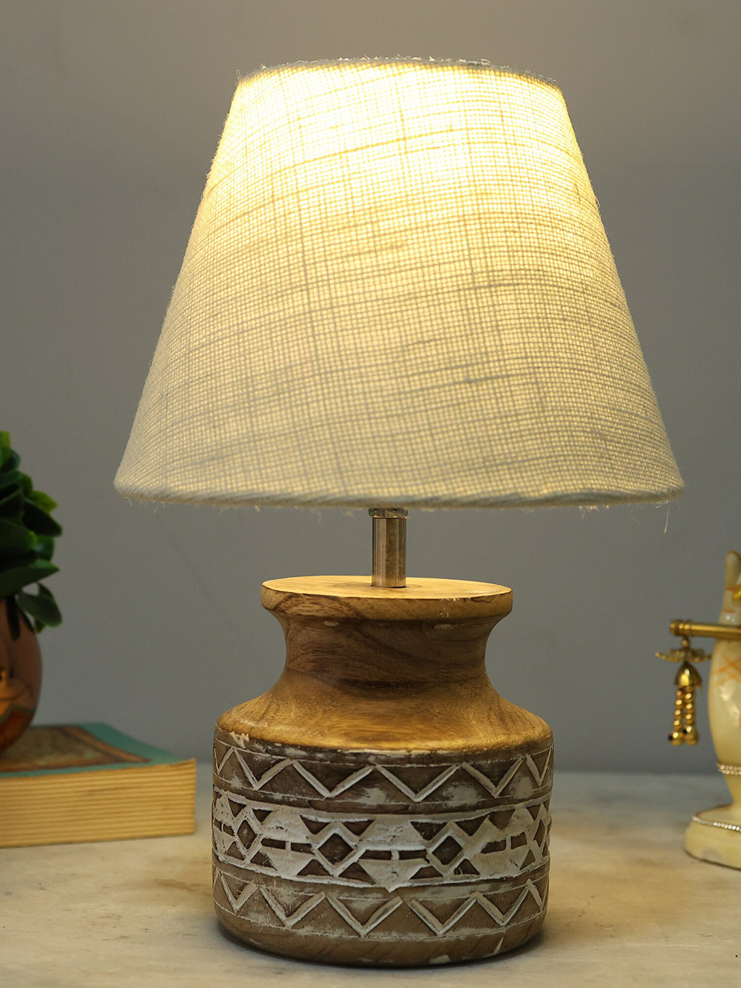 Homesake White & Brown Textured Wooden Table Lamp With Jute Lampshade