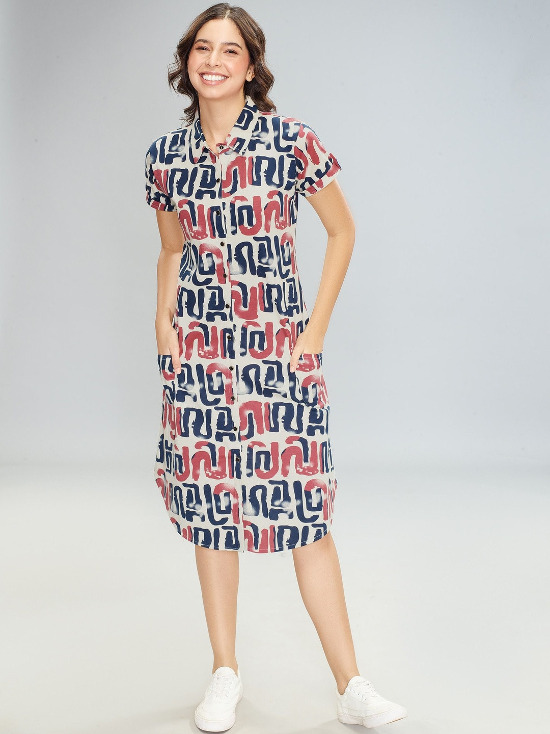 Lotik Women Geometric Print Cotton Shirt Dress