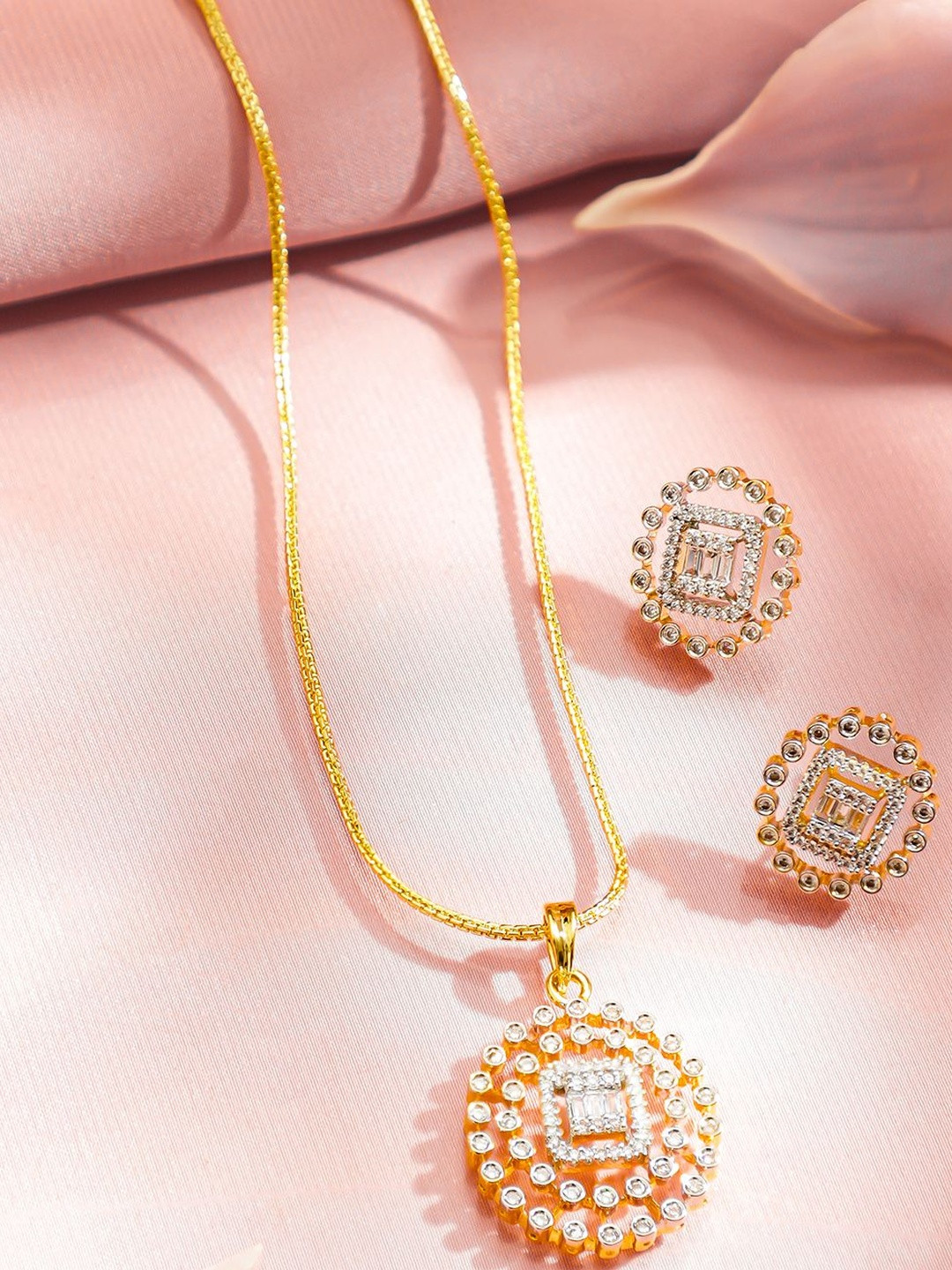 Rubans 18K Gold-Plated Cubic Zirconia Round Pendant Necklace Set with Stud Earrings
