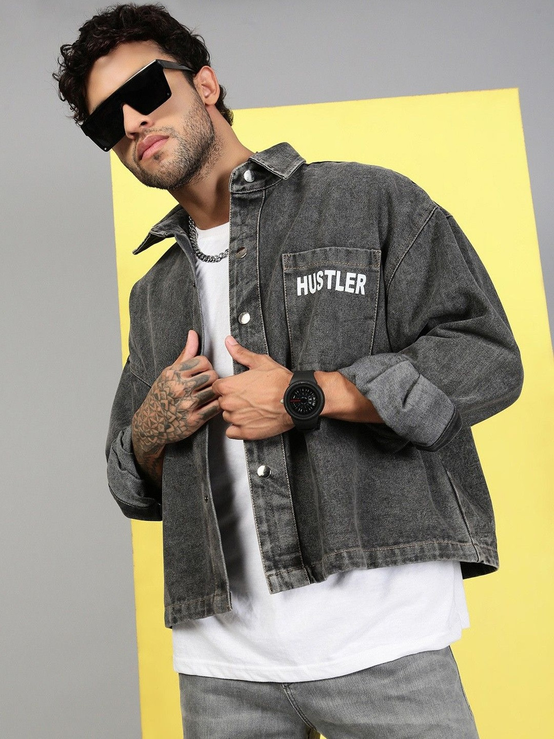 VOXATI Men Grey Solid Relaxed Faded Oversized Denim Casual Shirt